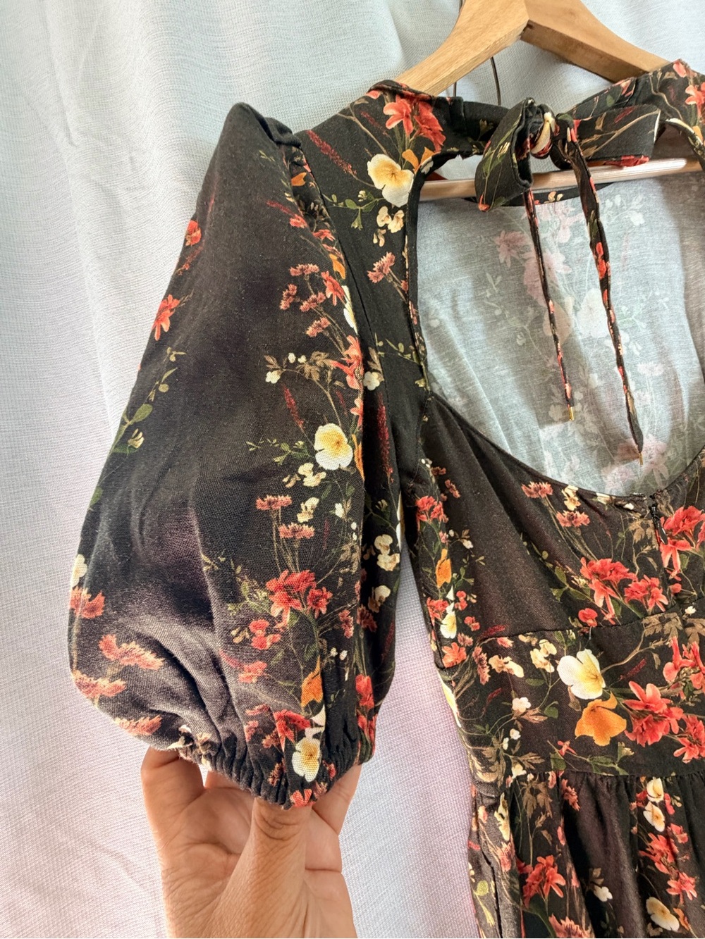 SAYLOR Free People Dark Olive Floral Puff-Sleeve Mini Dress - Picture 9 of 16